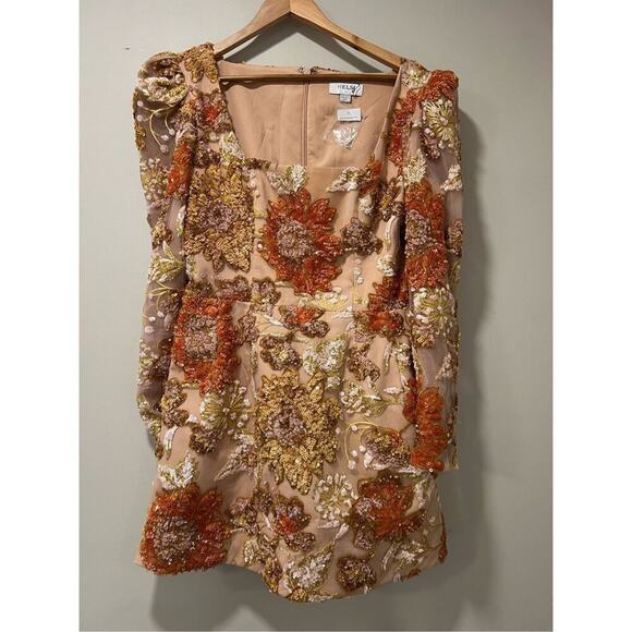 Helsi Women's Gold Sequin Floral Appliqué Kristen Mini Cocktail Dress Large NWOT - Picture 4 of 10